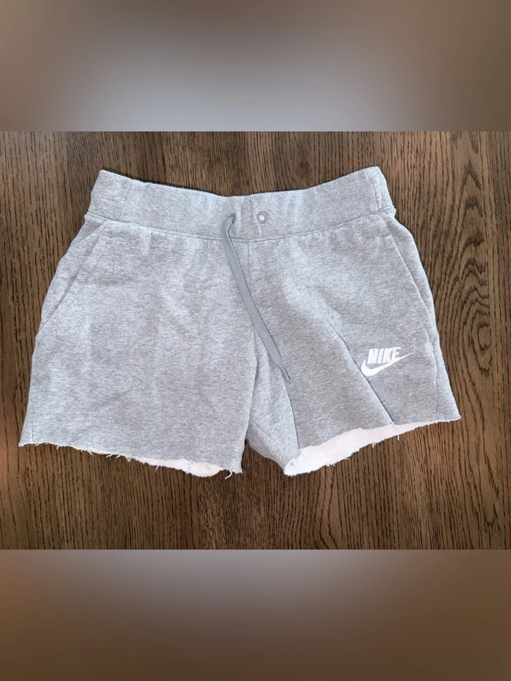 Nike Girls Youth Large Light Gray Cutoff Sweat Shorts with White Logo